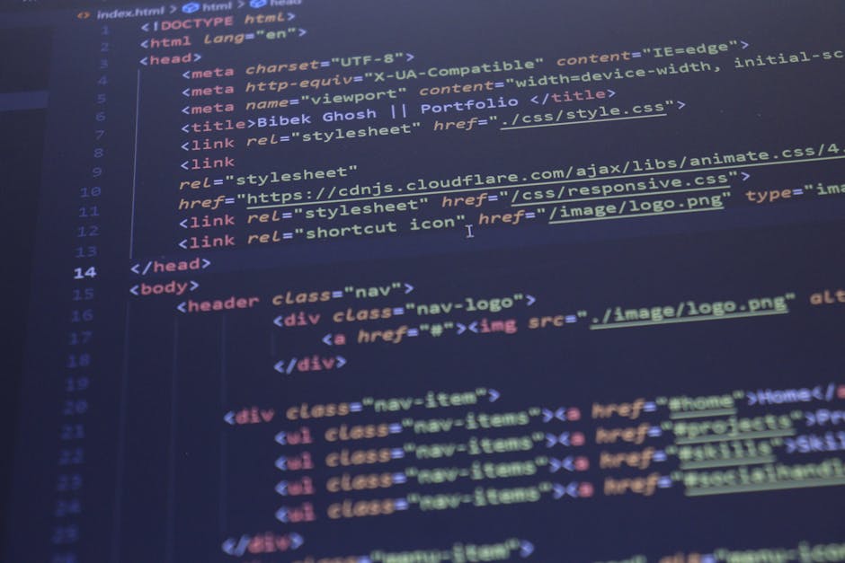 A computer screen displaying a code editor with HTML code visible, including tags such as <!DOCTYPE html>, <html>, <head>, and <body>. The editor has dark mode with syntax highlighting in various colo